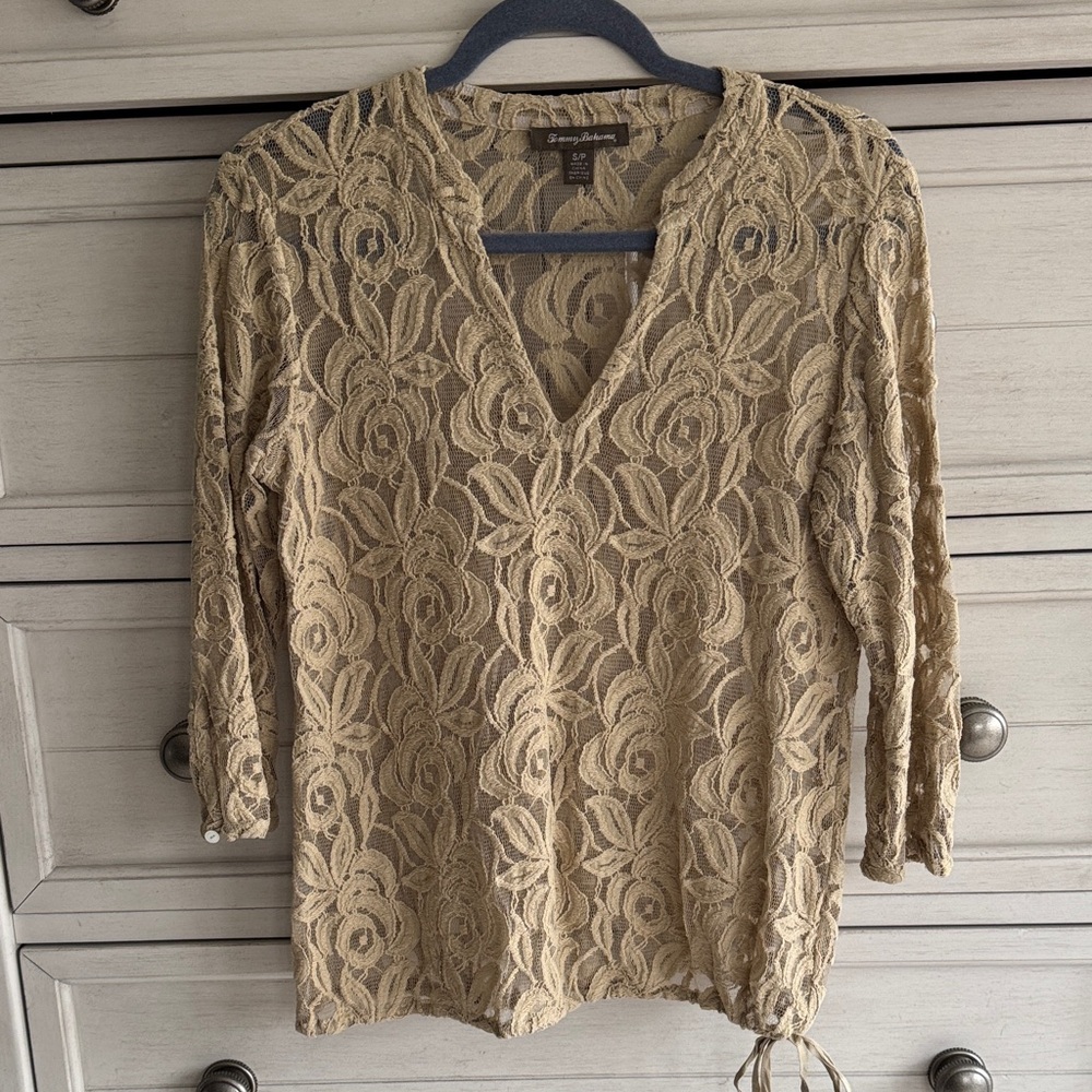 Tommy Bahama Beige Lace V-Neck Blouse SZ Small